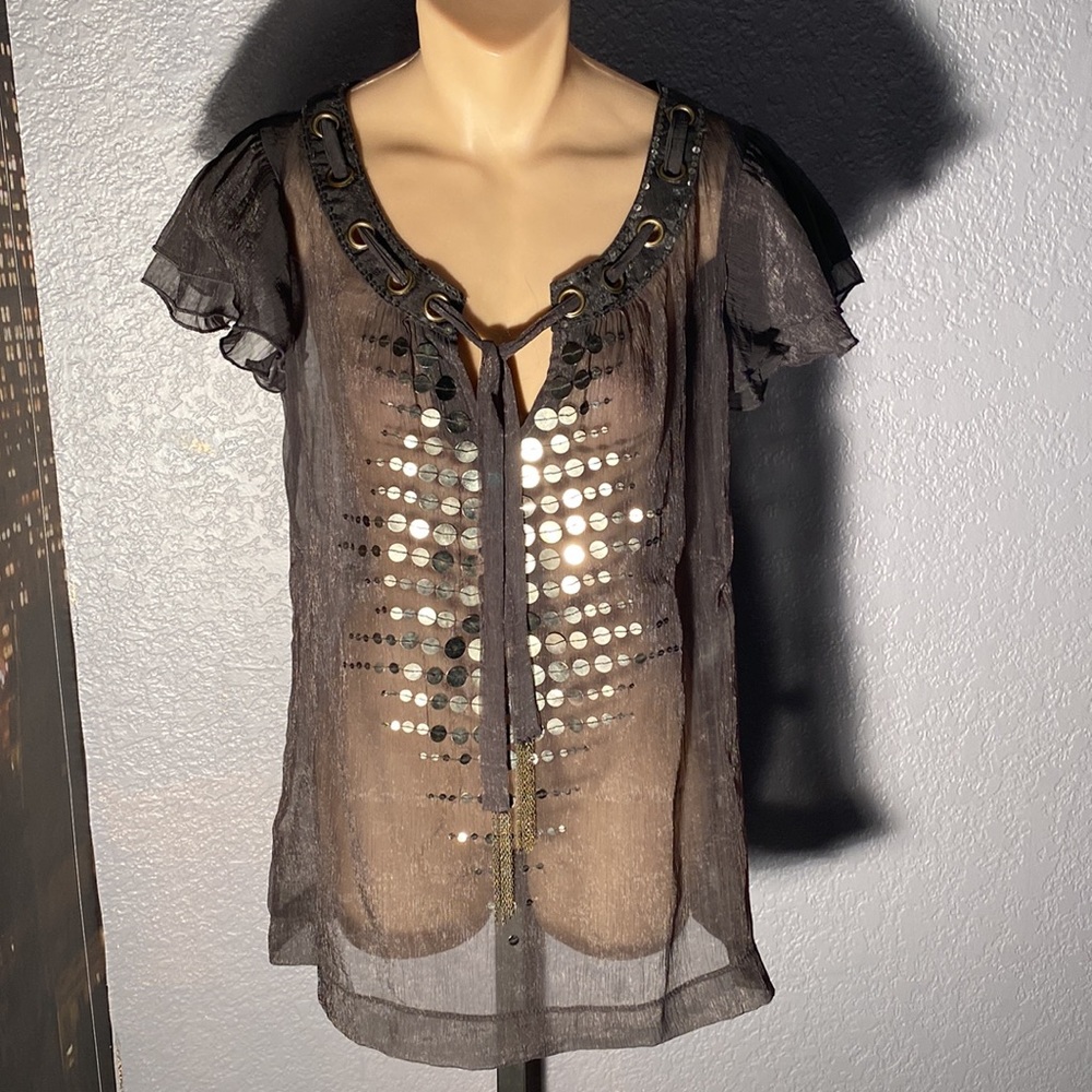 CECICO - sheer top: grey short ruffle sleeves, gold sequins & neck tie - L - Picture 2 of 16